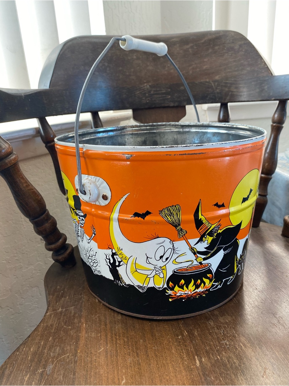 Vintage 1980s Halloween Tin Pail Bertels Can Co Ghost Witch Skeleton Bucket